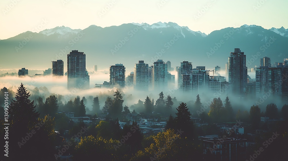 Naklejka premium Cityscape Enshrouded in Morning Mist with Distant Mountain Backdrop