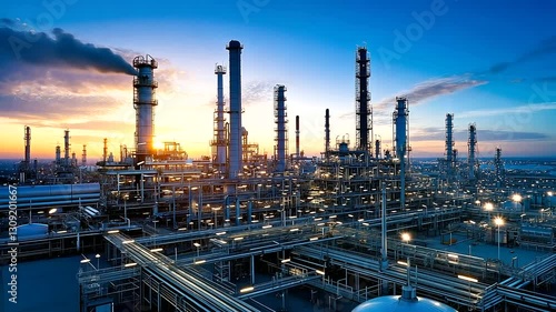 Wallpaper Mural A highly detailed industrial complex with blue tones, showcasing oil refinery towers, storage tanks, and gas plants under the warm sunlight in a modern petrochemical environment. Torontodigital.ca