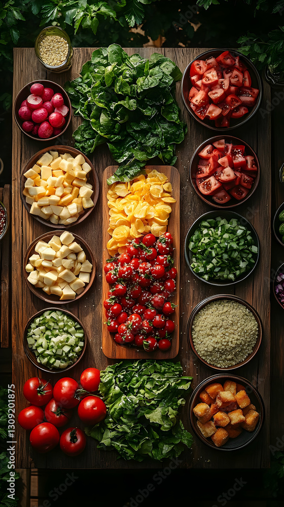 Colorful Salad Bar Ingredients On Wooden Table Colorful Salad Bar Ingredients On Wooden Table