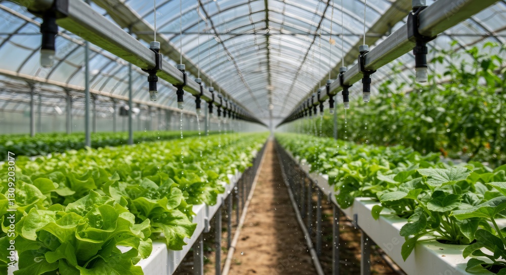 Hydroponic lettuce cultivation in modern greenhouse. Rows of green leaf vegetables growing in vertical farming system. Sustainable agriculture and food production technology Hydroponic lettuce cultivation in modern greenhouse. Rows of green leaf vegetables growing in vertical farming system. Sustainable agriculture and food production technology