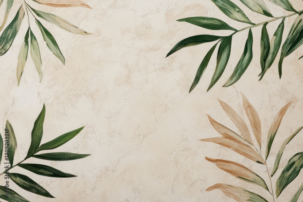 Tropical leaves border on beige textured background. Ideal for design projects Tropical leaves border on beige textured background. Ideal for design projects