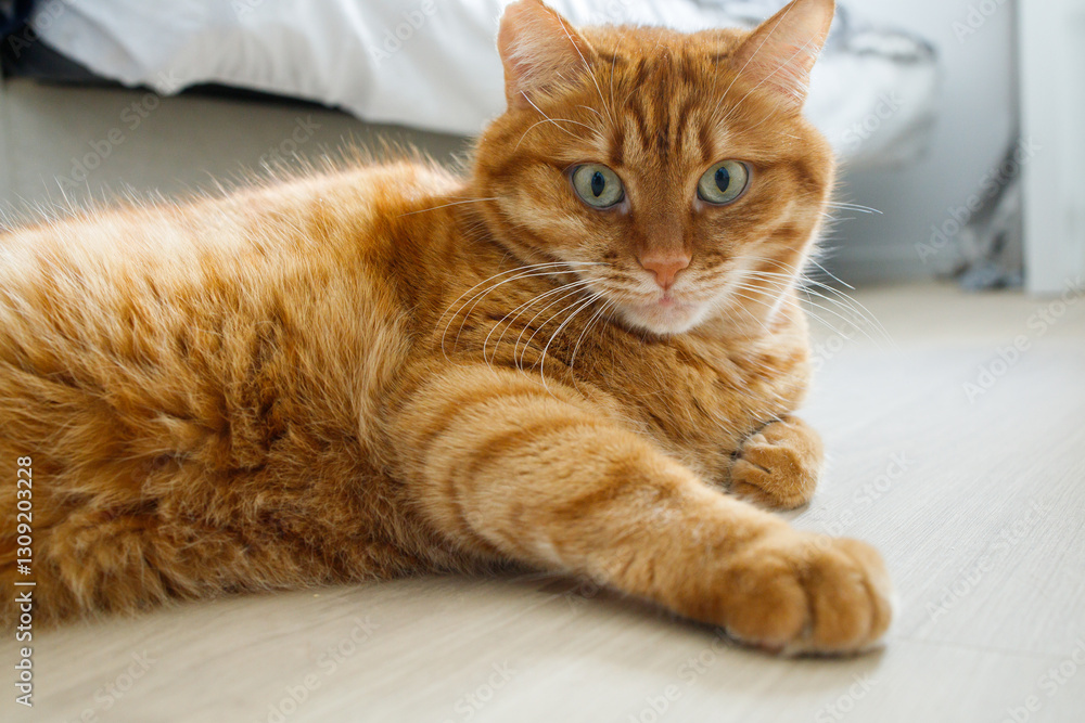 Cute orange cat lying on the floor and looking at camera close up portrait Cute orange cat lying on the floor and looking at camera close up portrait