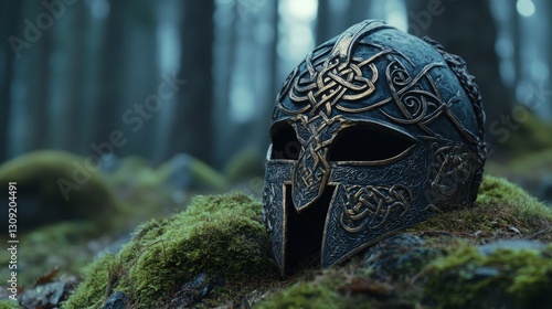 Ancient Ornate Helmet in Mossy Forest