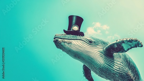 Humpback whale, top hat, ocean, sky, whimsical, surreal, underwater, advertising, banner