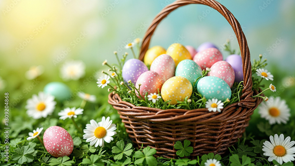 Vibrant Easter Basket with Hand-Painted Eggs on Green Grass - Perfect for Holiday Marketing, Greeting Cards, and Seasonal Promotions Vibrant Easter Basket with Hand-Painted Eggs on Green Grass - Perfect for Holiday Marketing, Greeting Cards, and Seasonal Promotions