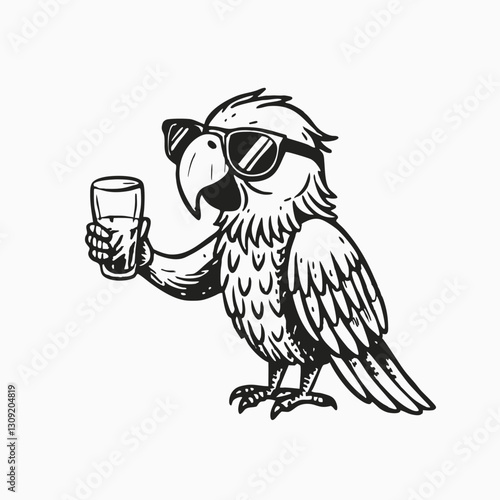 Exotic cartoon parrot with sunglasses holding glass of orange juice editable vector stroke saddle icon on white background