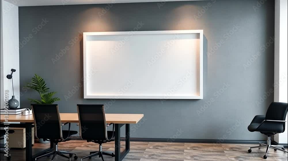 Modern Conference Room with Empty Whiteboard and Meeting Tables - Corporate Office Interior with Gray Walls - Professional Business Meeting Space with Contemporary Furniture high quality video. Modern Conference Room with Empty Whiteboard and Meeting Tables - Corporate Office Interior with Gray Walls - Professional Business Meeting Space with Contemporary Furniture high quality video.