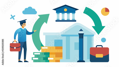 Introducing a governmentbacked refinancing program that allows students to consolidate all their loans into a single lowinterest rate loan.. Vector illustration
