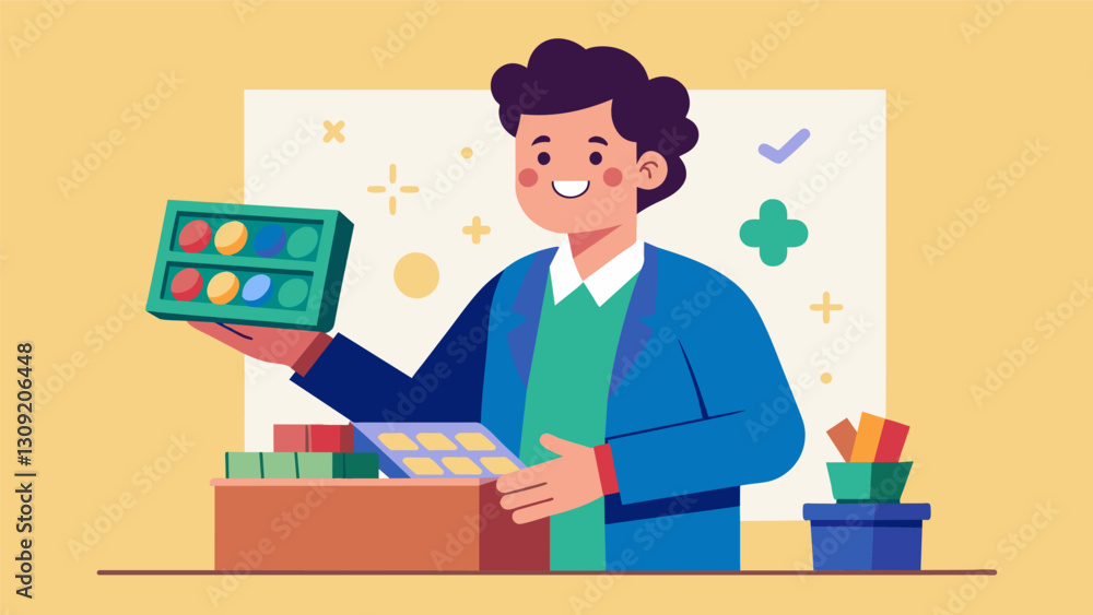 A math teacher was thrilled to find a box of math manipulatives at a thrift store making it possible to conduct handson activities without breaking. Vector illustration A math teacher was thrilled to find a box of math manipulatives at a thrift store making it possible to conduct handson activities without breaking. Vector illustration