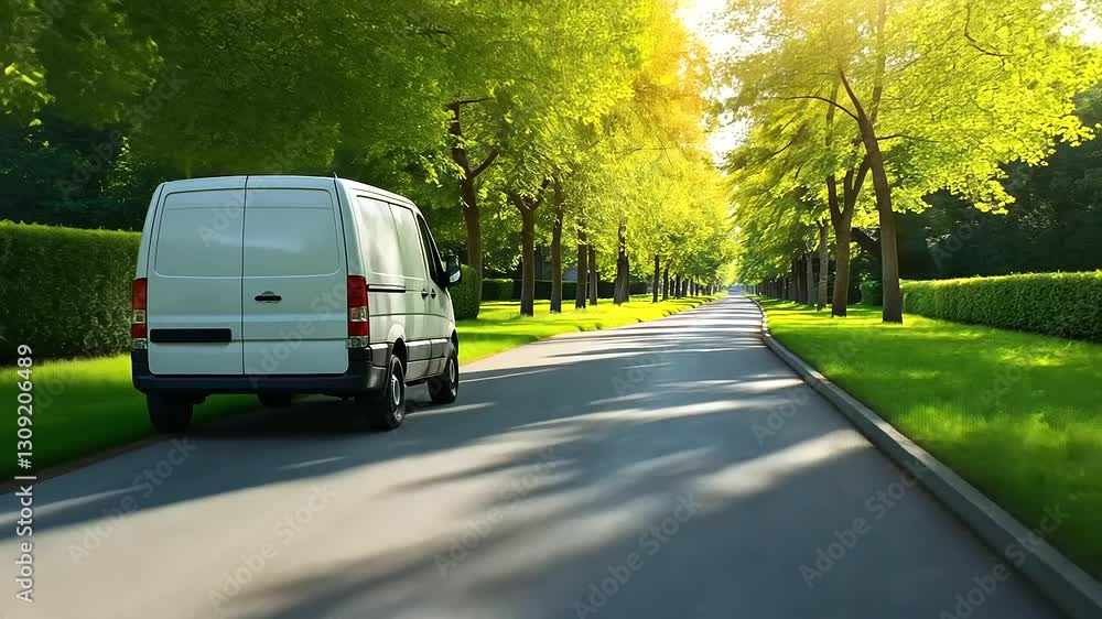 A white van moving smoothly along a green, tree-lined street, showcasing the important role of modern transportation services in ensuring efficient logistics and on-time delivery i A white van moving smoothly along a green, tree-lined street, showcasing the important role of modern transportation services in ensuring efficient logistics and on-time delivery i