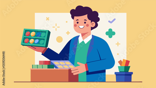 A math teacher was thrilled to find a box of math manipulatives at a thrift store making it possible to conduct handson activities without breaking. Vector illustration