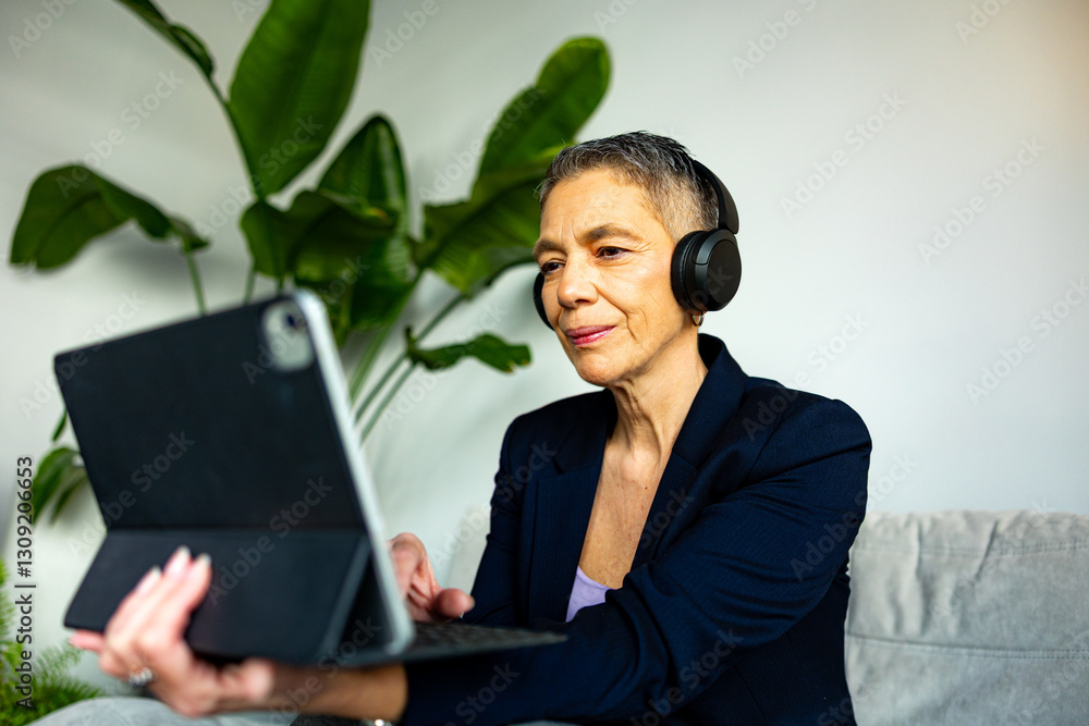 A professional mature businesswoman with headphones, sitting on a sofa and focused on her tablet in a coworking space A professional mature businesswoman with headphones, sitting on a sofa and focused on her tablet in a coworking space