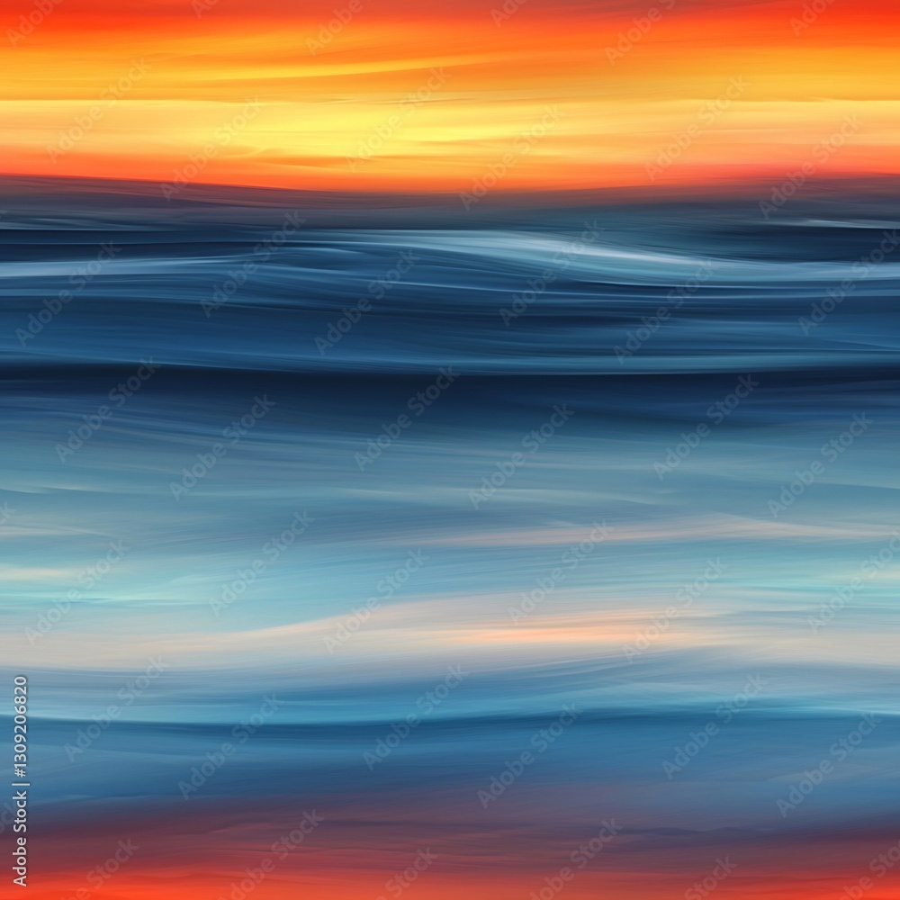 Obraz premium Painting of a sunset over the ocean with vibrant colors and calm waves in the foreground