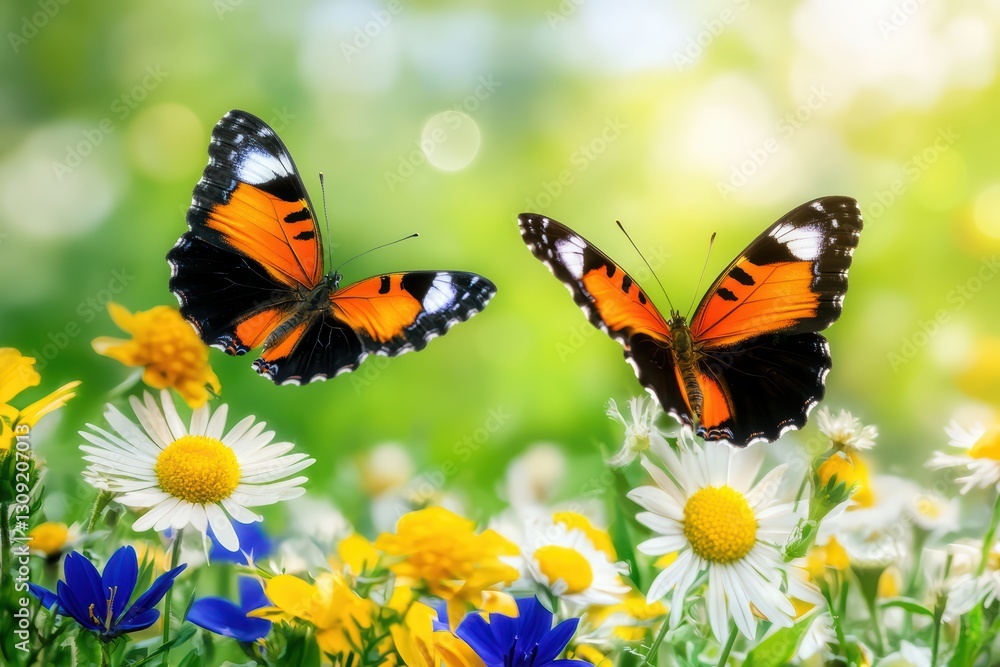 Colorful Butterflies Flying Over Wildflowers in a Vibrant Meadow Scene at Sunrise Colorful Butterflies Flying Over Wildflowers in a Vibrant Meadow Scene at Sunrise