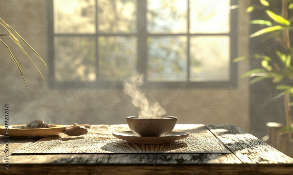 Soft steam rising from a freshly brewed tea cup placed on a wooden table, with natural light creating a calming and cozy atmosphere Soft steam rising from a freshly brewed tea cup placed on a wooden table, with natural light creating a calming and cozy atmosphere