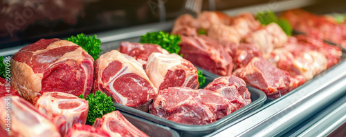 Fresh meat display with high quality cuts in market setting