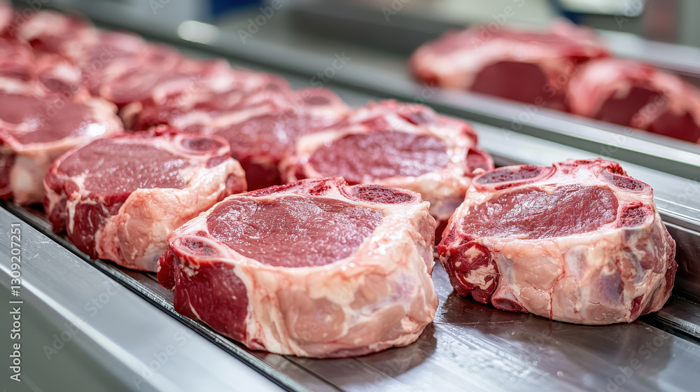 Fototapeta premium Raw meat cuts on conveyor in modern processing facility