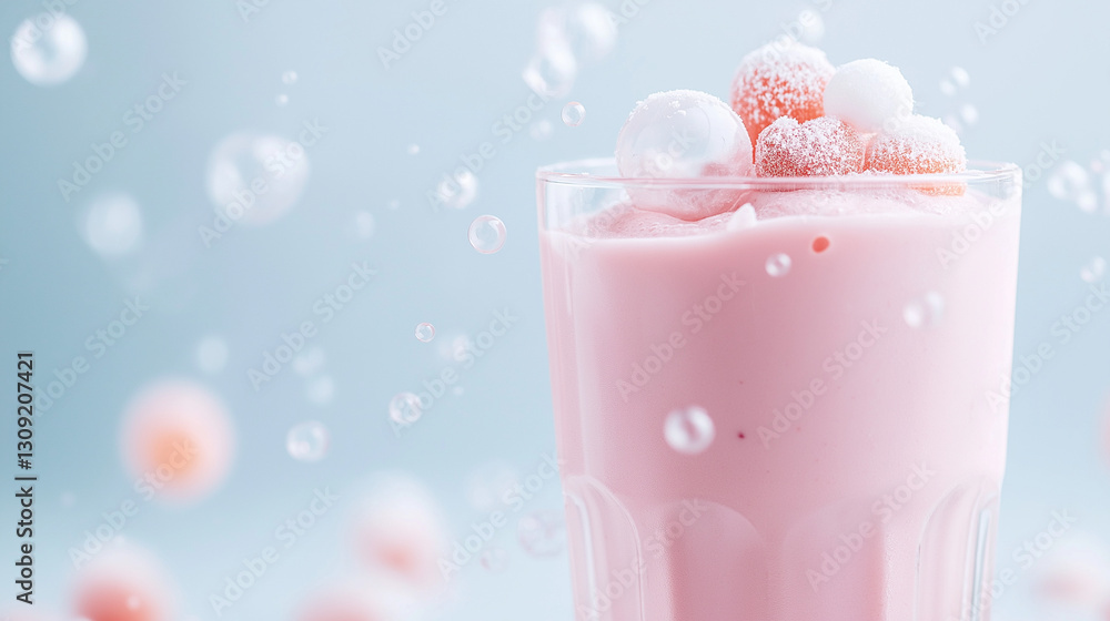 Glass cup filled with pink peach-flavored smoothie, topped with several few white mini bubble balls. The smoothie looks delicious and refreshing Glass cup filled with pink peach-flavored smoothie, topped with several few white mini bubble balls. The smoothie looks delicious and refreshing