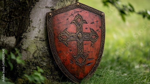 Red Medieval Shield with Cross Design Leaning Against Tree