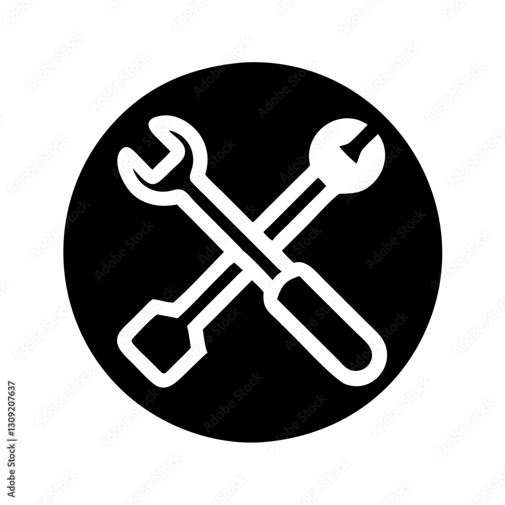 Vector of Crossed Spanner and Screwdriver Black Circle Design for Tool Repair Concept Vector of Crossed Spanner and Screwdriver Black Circle Design for Tool Repair Concept
