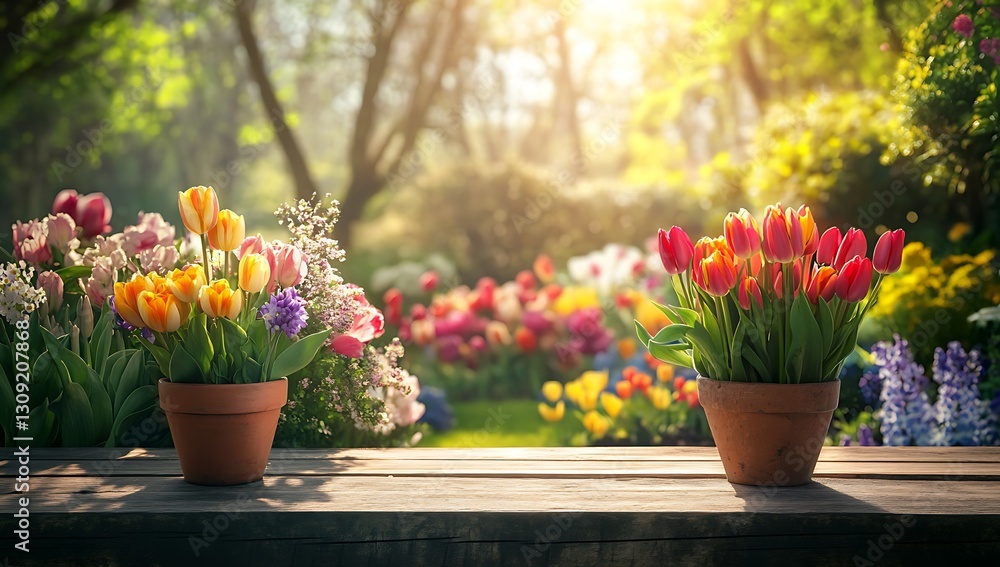 Spring Tulips in Terracotta Pots on Wooden Table, Sunny Garden Background Spring Tulips in Terracotta Pots on Wooden Table, Sunny Garden Background