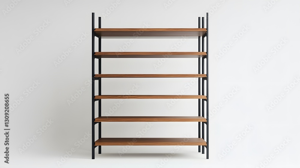 A modern ladder-style shelving unit with wooden shelves and a metal frame, positioned on a seamless white background A modern ladder-style shelving unit with wooden shelves and a metal frame, positioned on a seamless white background
