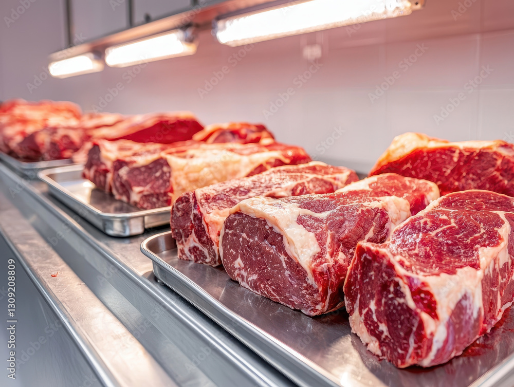 Fototapeta premium Fresh cuts of beef displayed on trays in butcher shop