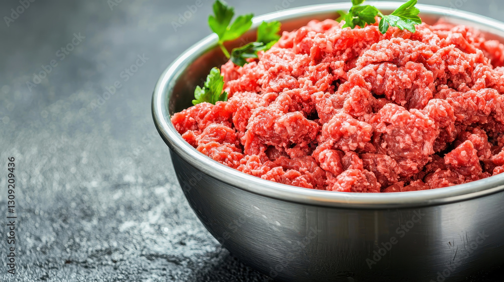 Freshly ground beef in stainless steel bowl with parsley garnish Freshly ground beef in stainless steel bowl with parsley garnish