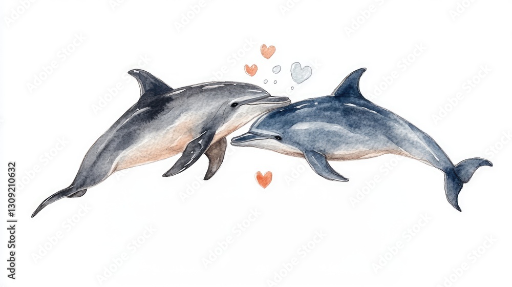 Fototapeta premium Two Dolphins in Love with Hearts and Whimsical Colors Watercolor