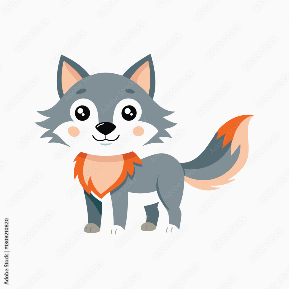 Obraz premium Cute wolf in cartoon flat style, Cute gray kind wolf. Children's illustration on white background