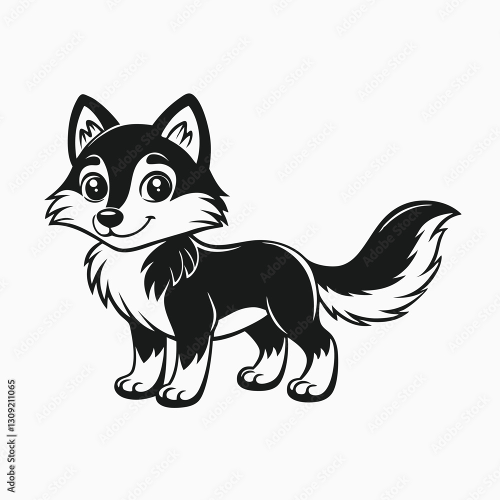 Obraz premium Cute gray kind wolf. Cute little fox cartoon wolf isolated on white background. Black silhouette Vector illustration.