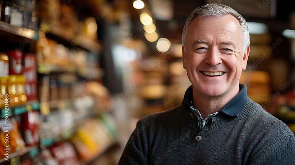 Fototapeta premium Smiling man in store aisle. Shelves visible. Portrait ad/marketing