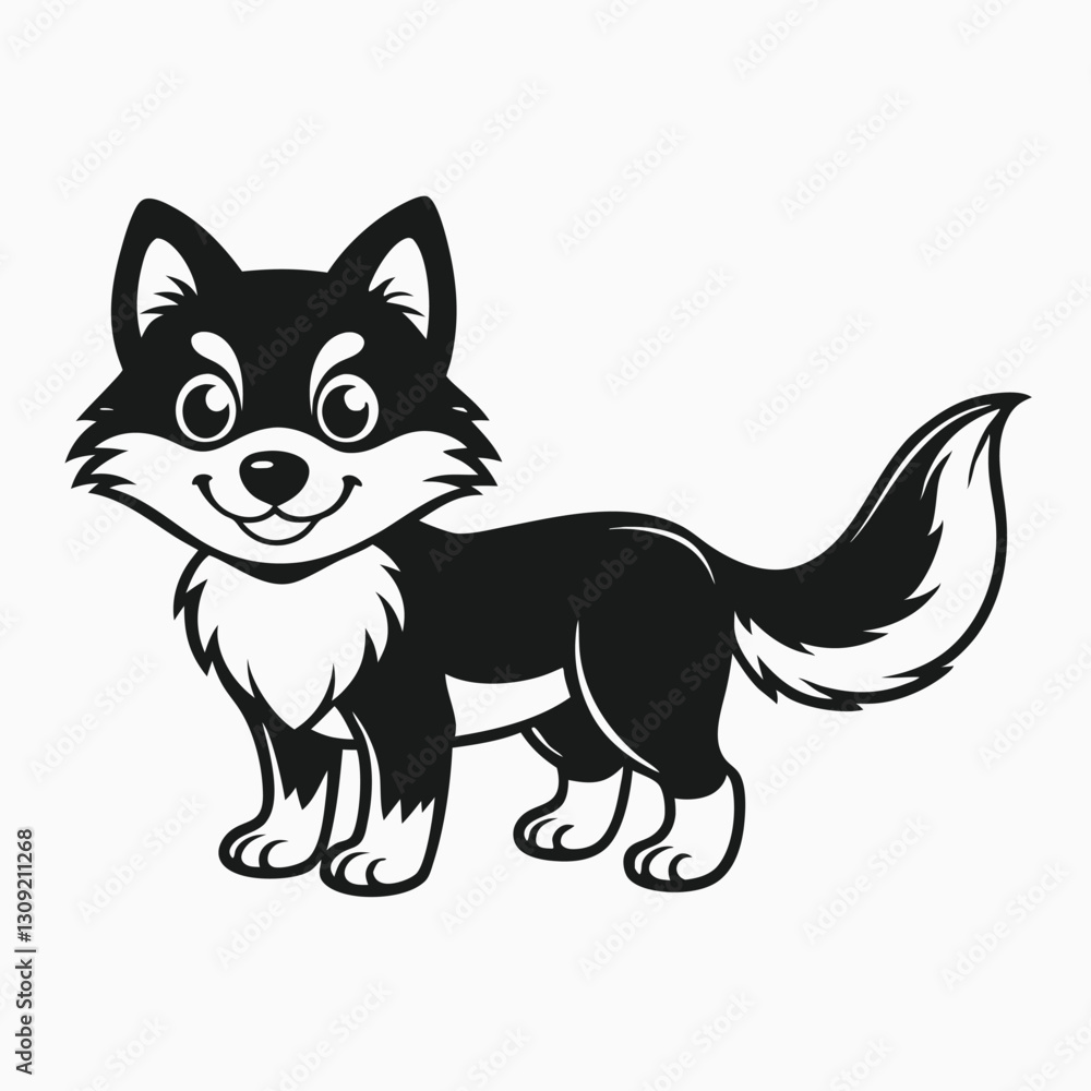 Obraz premium Black silhouette cute baby little wolf cartoon on white background