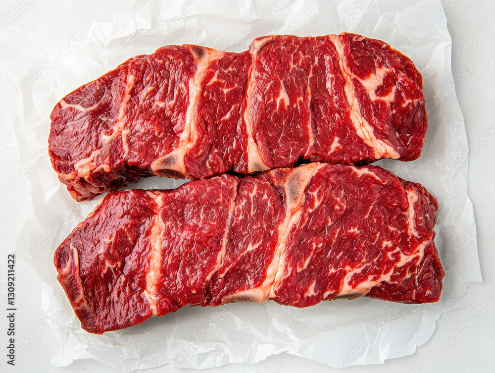 Fototapeta premium Two raw beef steaks with marbling on white paper