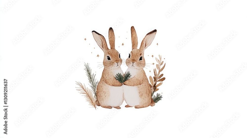 Fototapeta premium Two Cute Rabbits Surrounded by Pine Branches and Leaves Illustration Watercolor