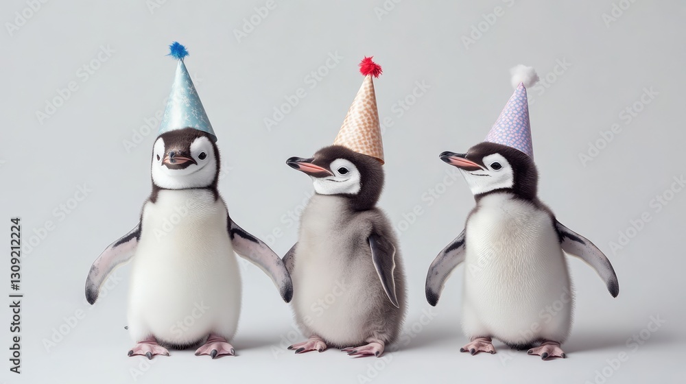Obraz premium Adorable Baby Penguins in Colorful Party Hats Celebrating Together