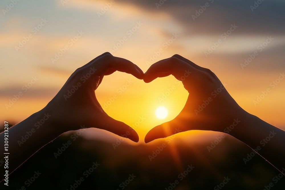 Fototapeta premium Hands Forming Heart Shape Against Beautiful Sunset Background