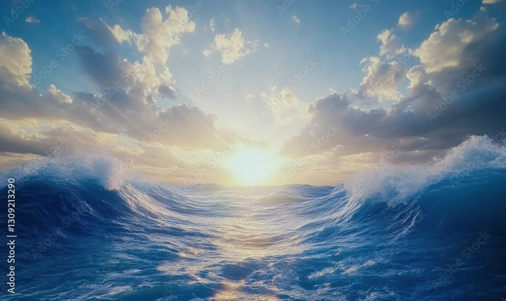 Fototapeta premium Blue ocean waves crashing gently on the shore under a vibrant sky illuminated by bright sunlight creating a serene and powerful seascape