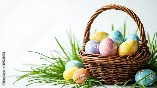 Vibrant Easter Basket with Hand-Painted Pastel Eggs on White Background - Perfect for Holiday Marketing and Seasonal Promotions