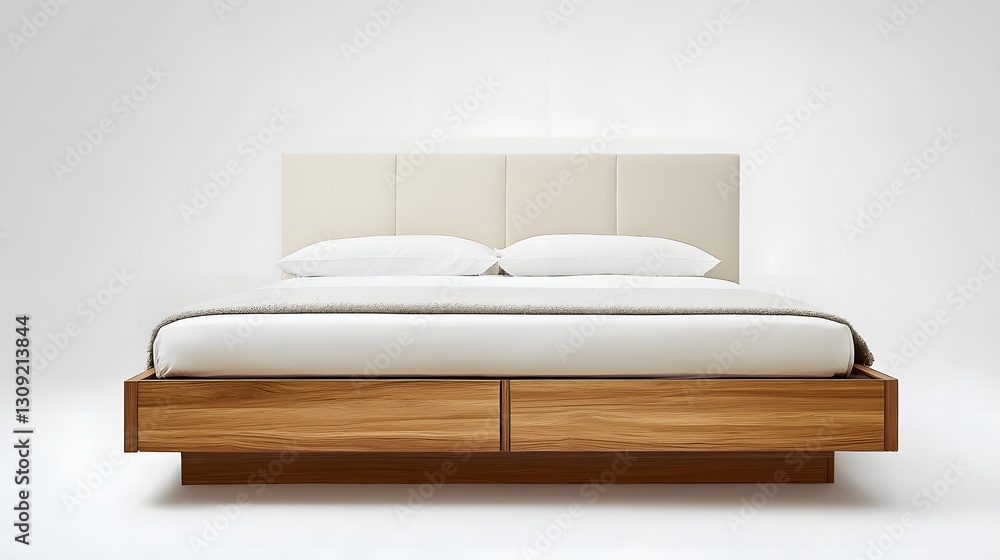 A contemporary bed frame with built-in under-bed storage drawers, set against a plain white background A contemporary bed frame with built-in under-bed storage drawers, set against a plain white background