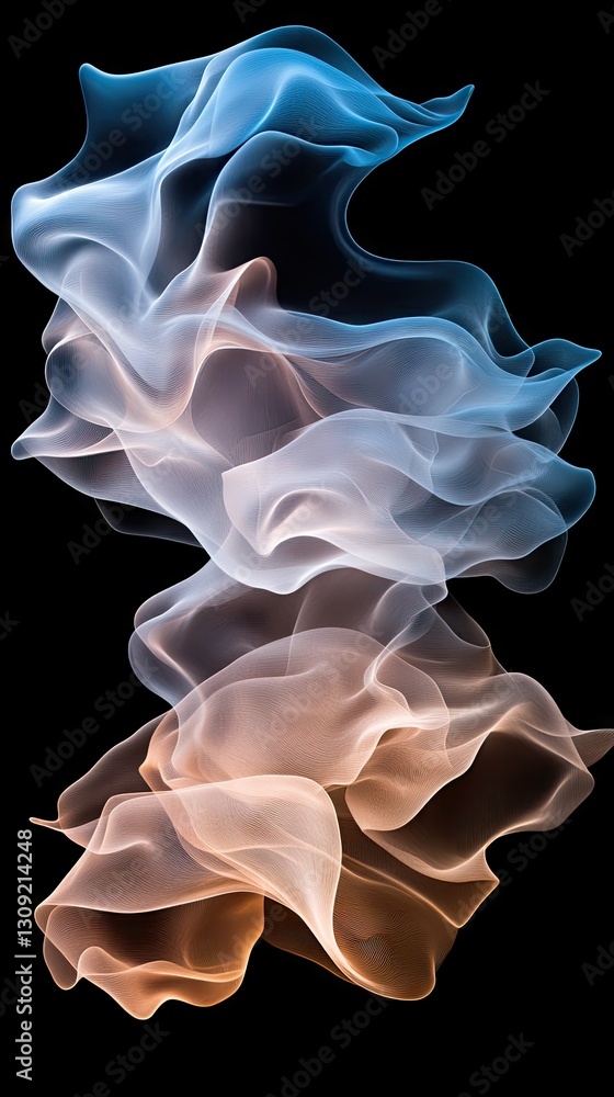 Fototapeta premium Colorful flowing smoke creating an abstract design against a black background with shades of blue, white, and brown in soft curves