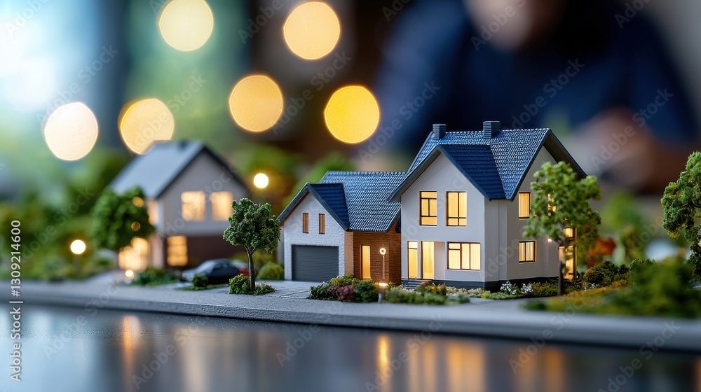 custom made wallpaper toronto digitalIlluminated Miniature Model Homes and Buildings in a Vibrant Suburban Neighborhood Landscape at Night with Decorative Lighting and Trees
