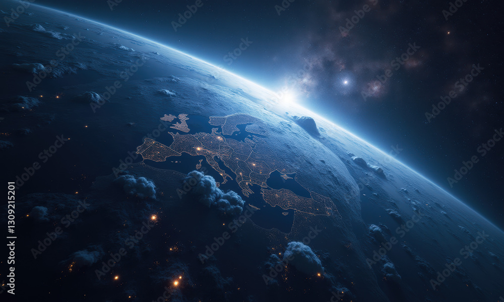 Fototapeta premium Europe Night Lights Satellite View - Futuristic/Sci-fi imagery