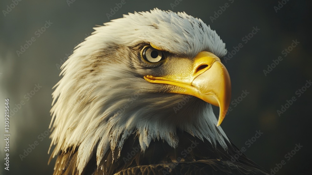Obraz premium Majestic bald eagle with snow-white, fluffy plumage; head tilted, eyes piercingly forward on a slight left angle, capturing regal elegance in this close-up view