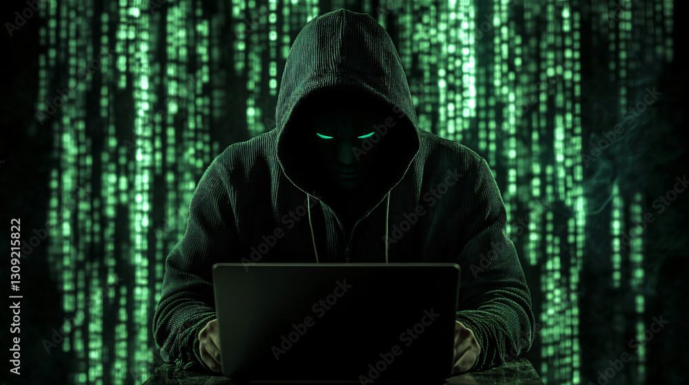 Mysterious Figure in Hoodie Working on Laptop in Neon Digital Environment Mysterious Figure in Hoodie Working on Laptop in Neon Digital Environment