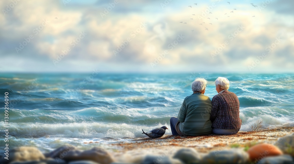Fototapeta premium An elderly couple sitting on the beach. Romantic couple in the ocean with young couple affectionately. Young woman is a young man with a very high quality of life and a very long time. Lifestyle.