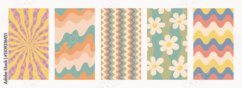 Abstract psychedelic retro pattern set. Groovy backgrounds in retro colors. Trendy twisted funky vector texture in abstract y2k style. Vector graphic for posters and art prints.