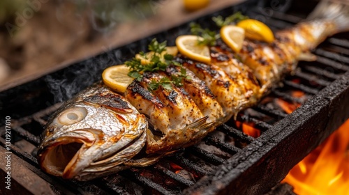 Grilled Fish with Lemon and Herbs on a Charcoal Grill