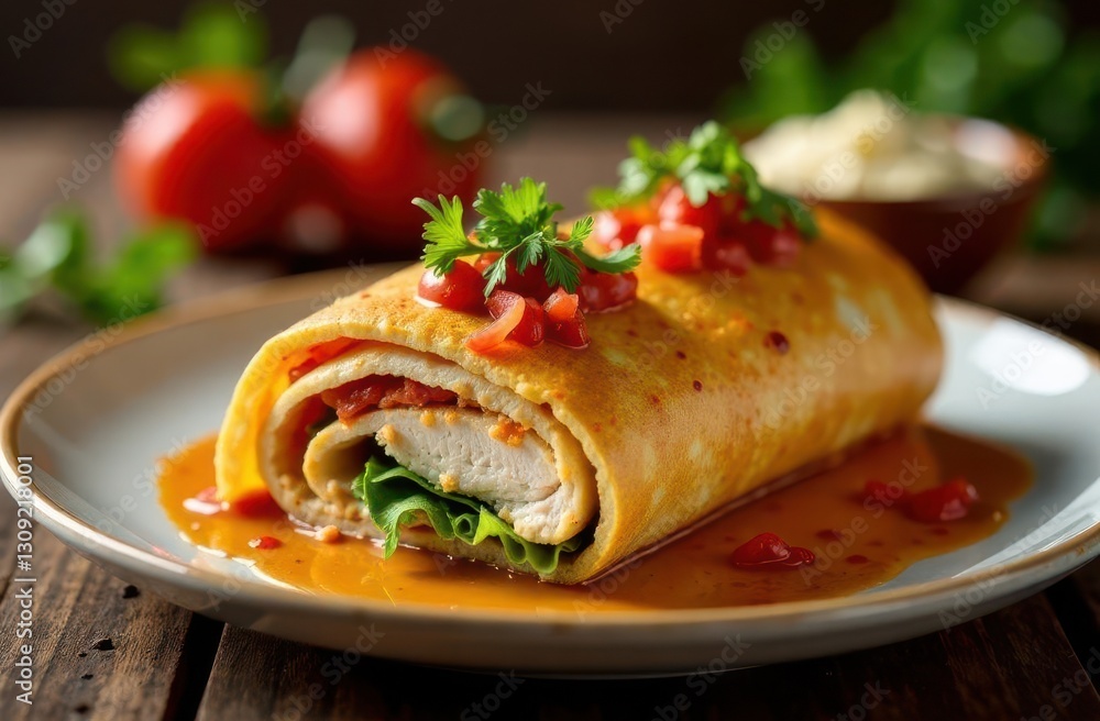 Delicious chicken wrap served with fresh tomatoes and sauce on a rustic table Delicious chicken wrap served with fresh tomatoes and sauce on a rustic table