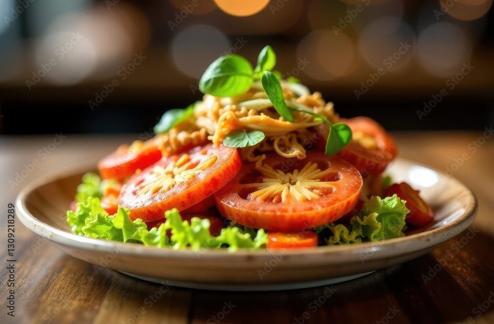 Fresh salad featuring vibrant tomatoes and herbs on a rustic plate Fresh salad featuring vibrant tomatoes and herbs on a rustic plate